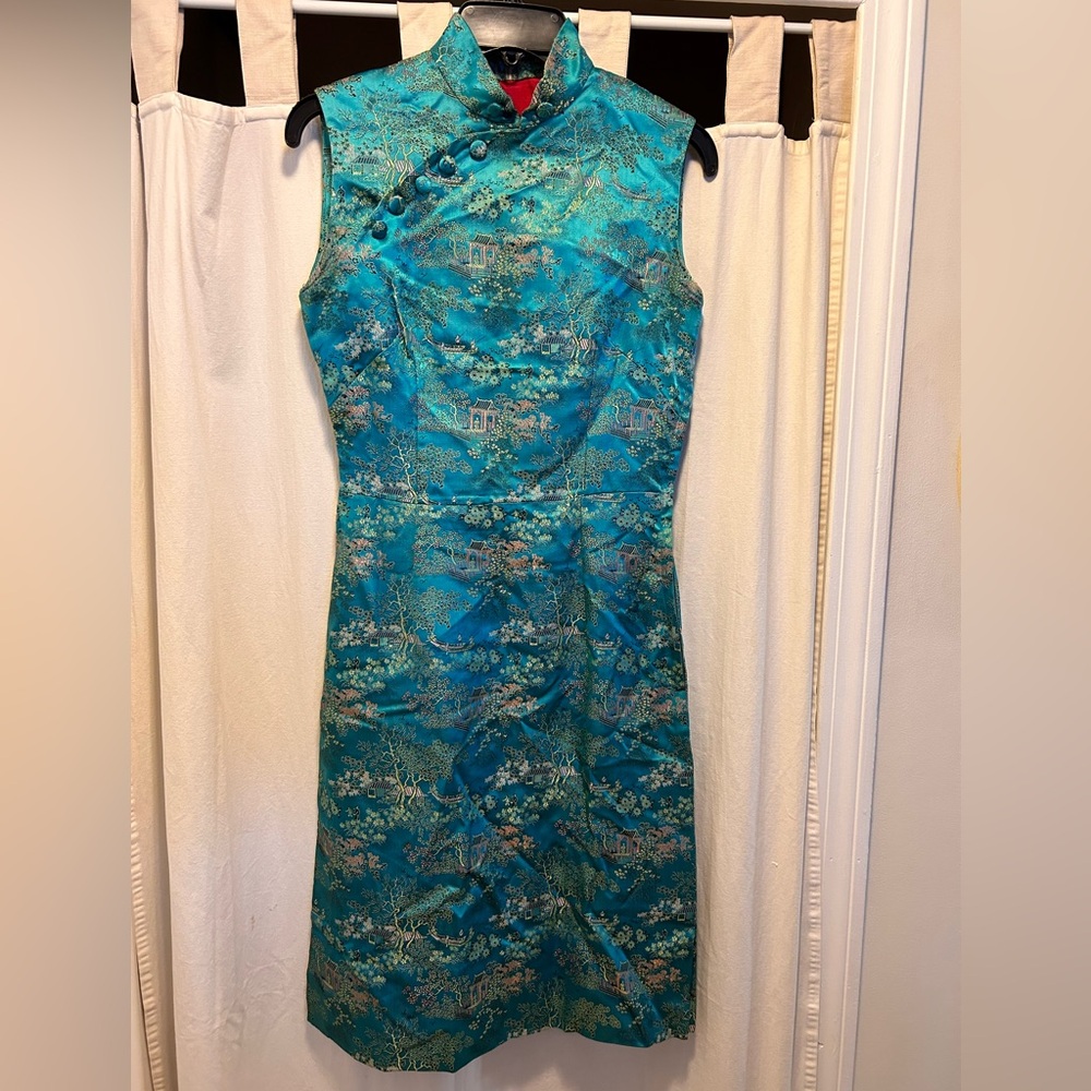 Blue Cheongsam Style Silk Brocade Printed Pattern Dress Woman’s size small